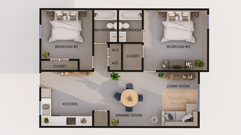 Floor plan for 2 beds, 2 baths, 928 sqft